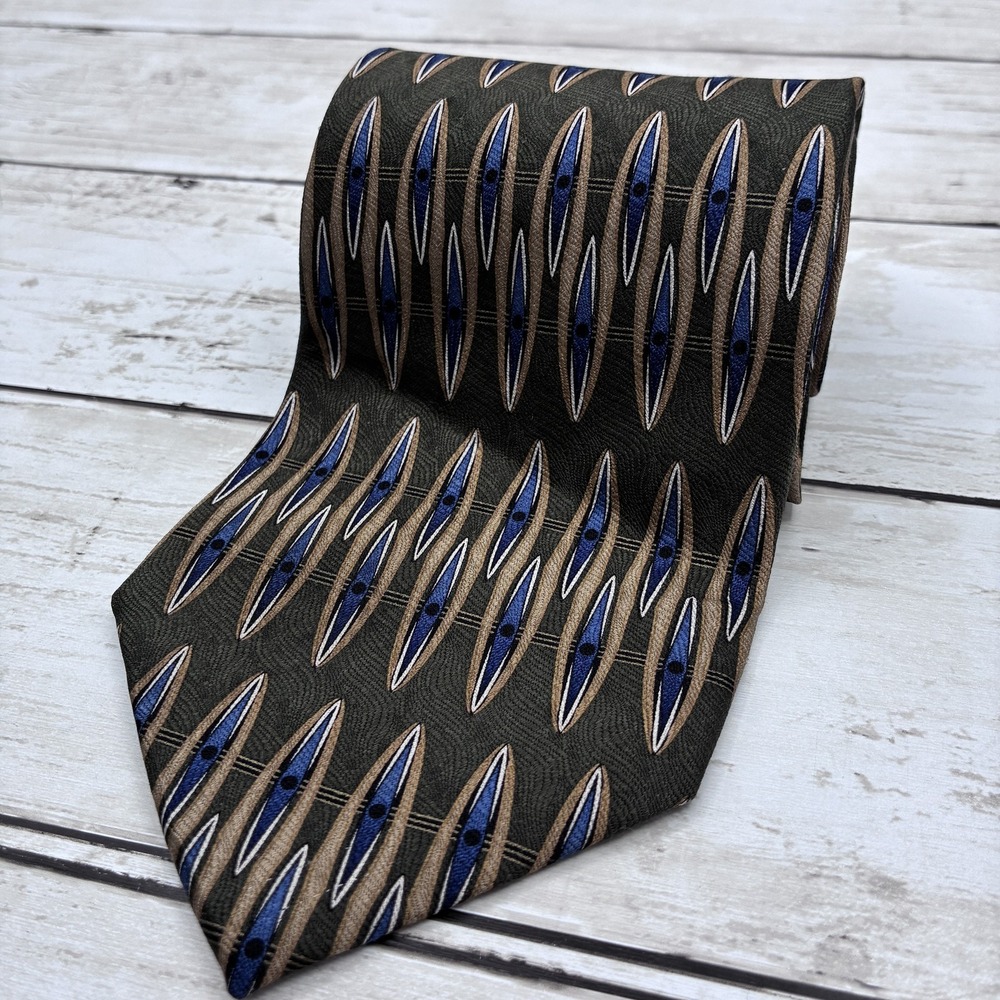 Cambridge Classics Men's Silk Tie Olive Green Blue Tan Abstract Geometric